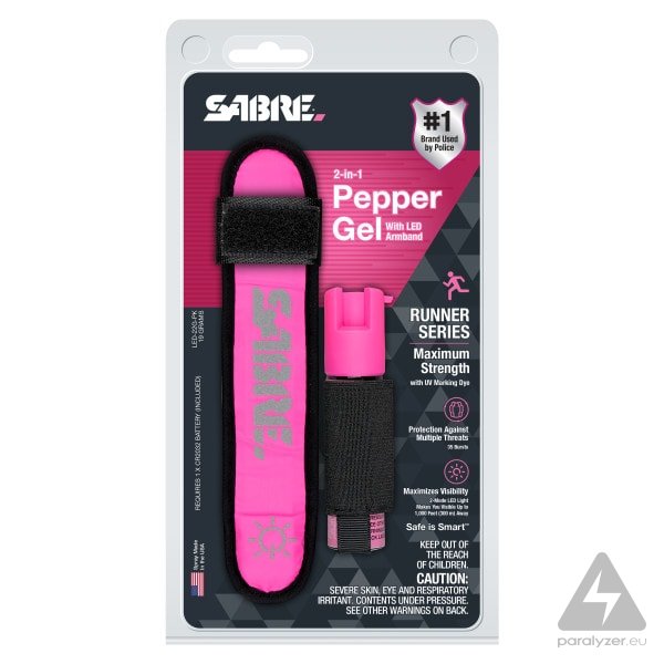 Obranný korenistý gél SABRE RED pre bežcov s bezpečnostným LED náramkom - ružová