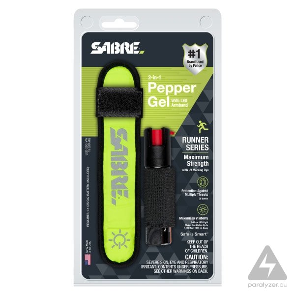 Obranný pepřový gel SABRE RED pro běžce s bezpečnostním LED náramkem - zelená